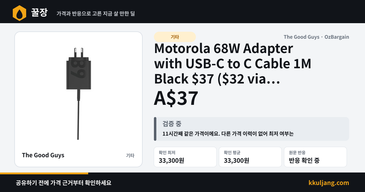 Motorola 68W Adapter with USB-C to C Cable 1M Black $37 ($32 via Price-Check) + Delivery ($0 C&C) @ The Good Guys 상품 이미지