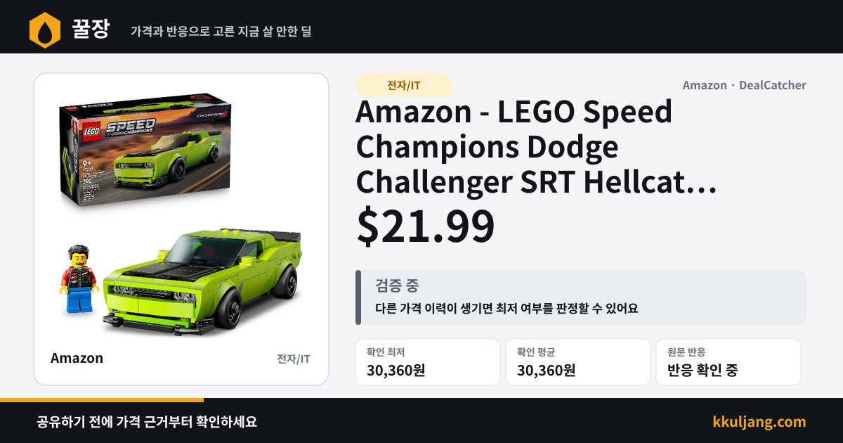 Amazon - LEGO Speed Champions Dodge Challenger SRT Hellcat Sports Car Building Set (390-Pc) $21.99 상품 이미지