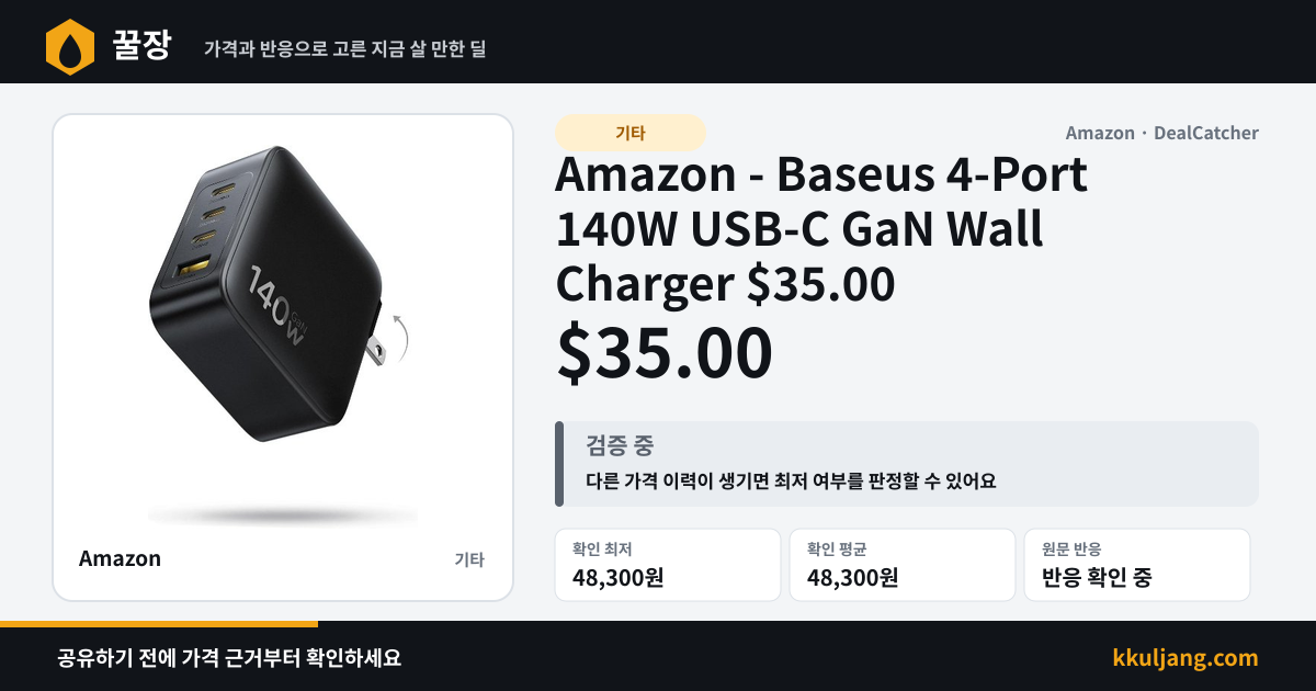 Amazon - Baseus 4-Port 140W USB-C GaN Wall Charger $35.00 상품 이미지