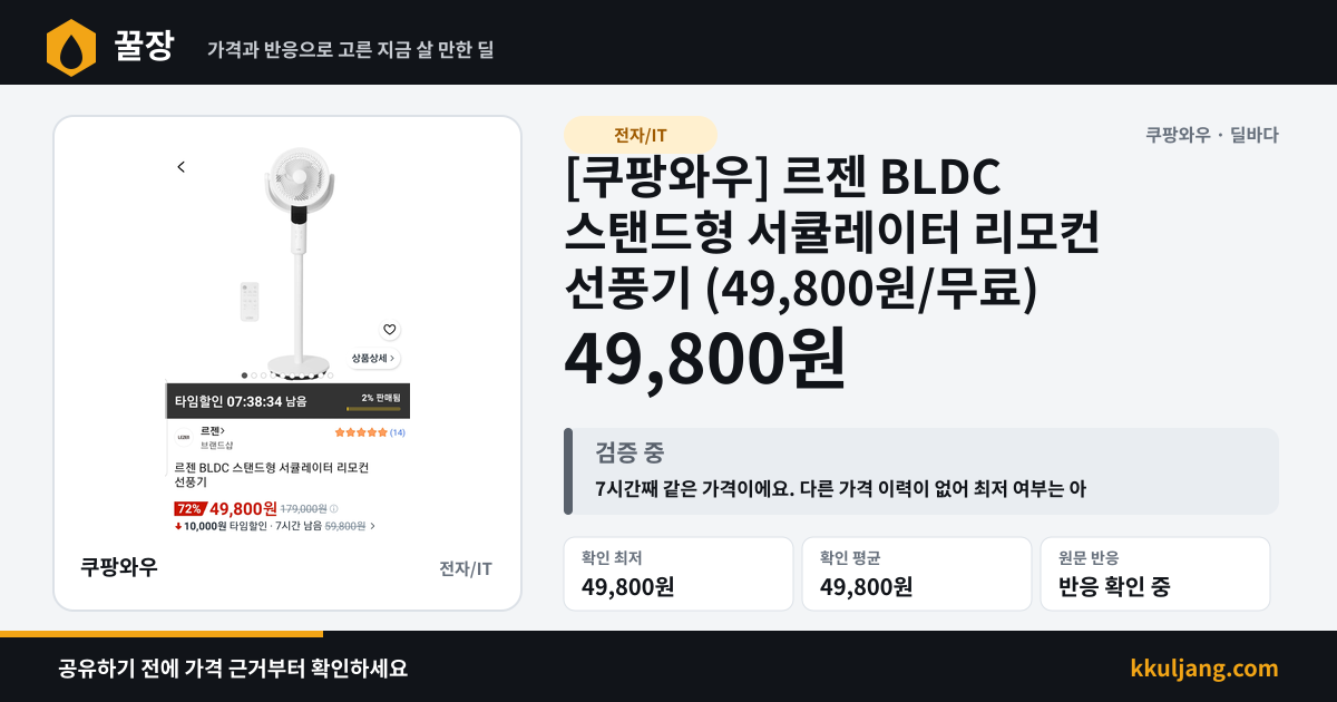 [쿠팡와우] 르젠 BLDC 스탠드형 서큘레이터 리모컨 선풍기 (49,800원/무료) 상품 이미지