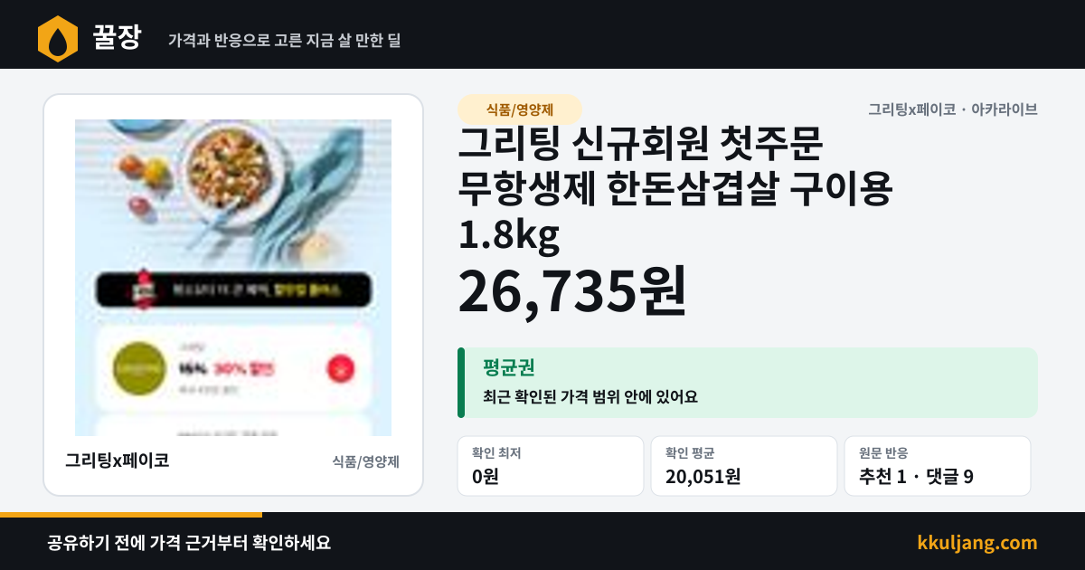 그리팅 신규회원 첫주문 무항생제 한돈삼겹살 구이용 1.8kg 상품 이미지