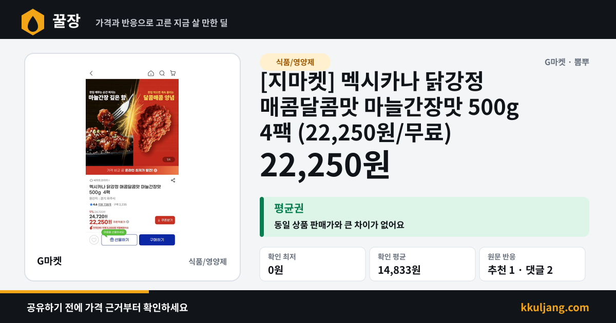 [지마켓] 멕시카나 닭강정 매콤달콤맛 마늘간장맛 500g 4팩 (22,250원/무료) 상품 이미지