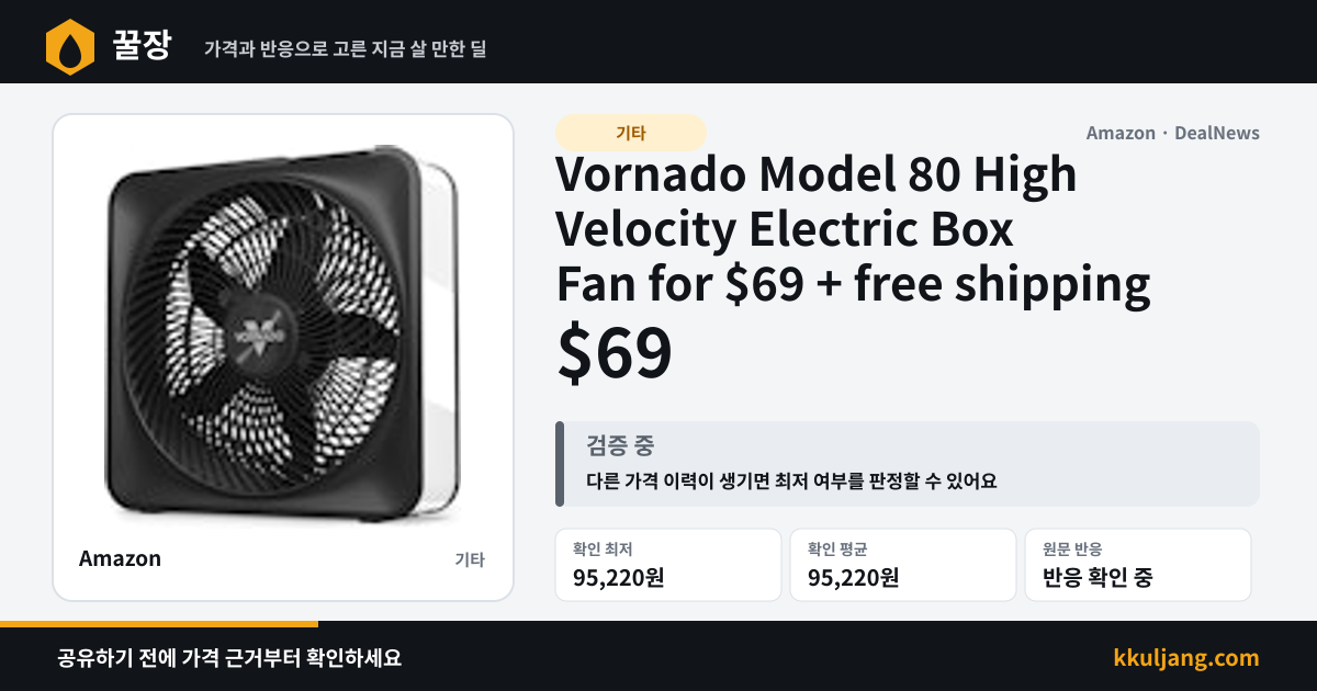 Vornado Model 80 High Velocity Electric Box Fan for $69 + free shipping 상품 이미지