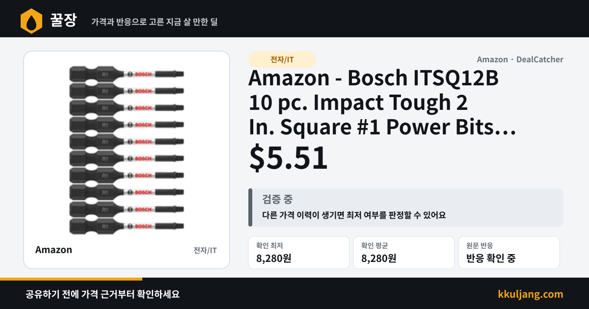 Amazon - Bosch ITSQ12B 10 pc. Impact Tough 2 In. Square #1 Power Bits $5.51 상품 이미지