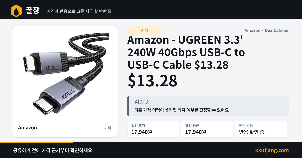 Amazon - UGREEN 3.3' 240W 40Gbps USB-C to USB-C Cable $13.28 상품 이미지