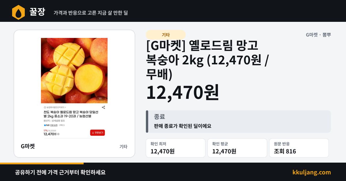 [G마켓] 옐로드림 망고 복숭아 2kg (12,470원 / 무배) 상품 이미지