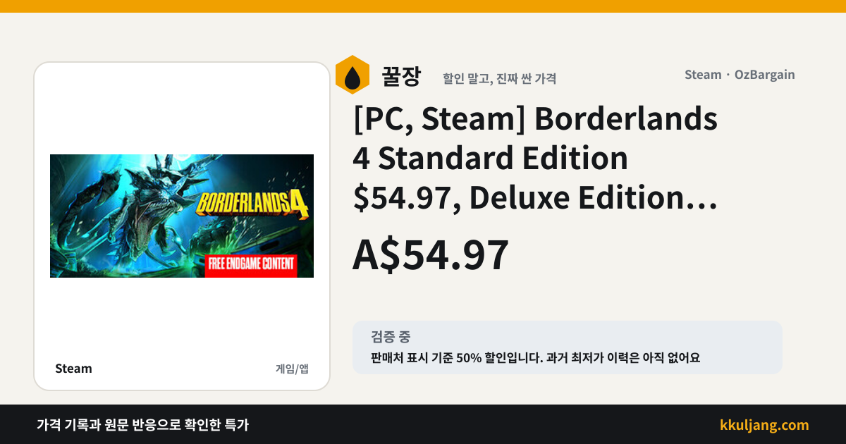 [PC, Steam] Borderlands 4 Standard Edition $54.97, Deluxe Edition $99.97 (50% off) @ Steam 상품 이미지