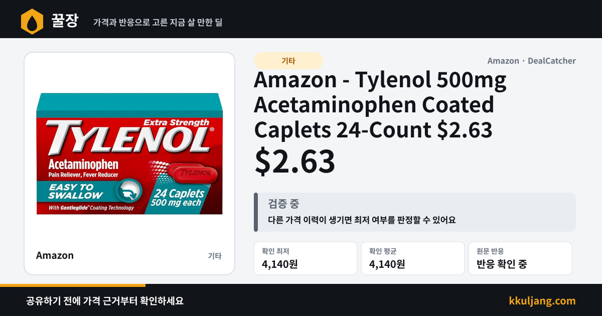 Amazon - Tylenol 500mg Acetaminophen Coated Caplets 24-Count $2.63 상품 이미지