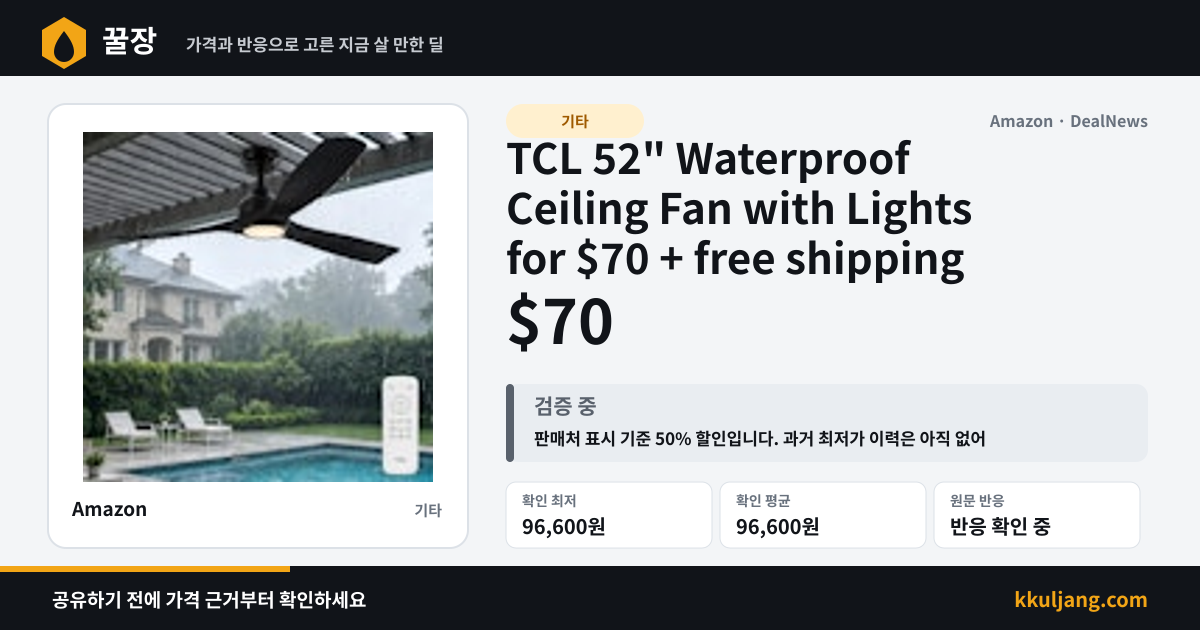 TCL 52" Waterproof Ceiling Fan with Lights for $70 + free shipping 상품 이미지