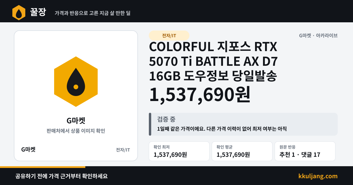 COLORFUL 지포스 RTX 5070 Ti BATTLE AX D7 16GB 도우정보 당일발송 상품 이미지