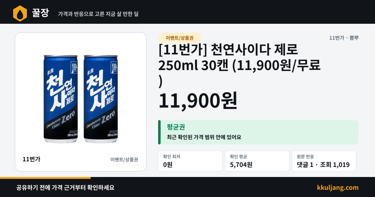 [11번가] 천연사이다 제로 250ml 30캔 (11,900원/무료) 상품 이미지