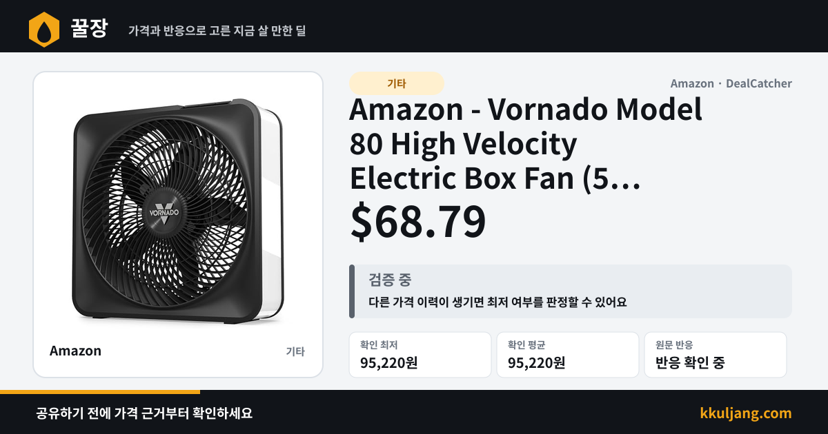 Amazon - Vornado Model 80 High Velocity Electric Box Fan (5 Speeds, Removable Grille) $68.79 상품 이미지