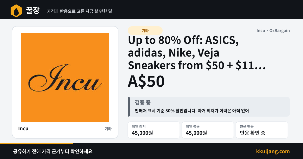 Up to 80% Off: ASICS, adidas, Nike, Veja Sneakers from $50 + $11 Delivery ($0 C&C/ $350 Order) @ Incu 상품 이미지