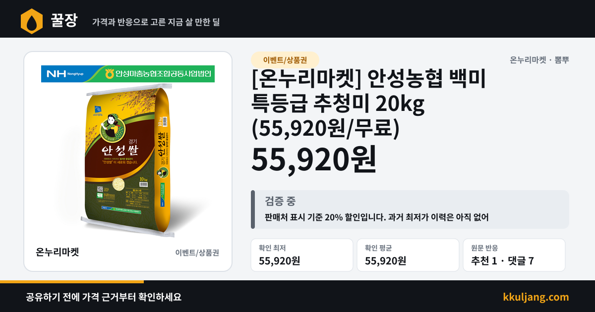 [온누리마켓] 안성농협 백미 특등급 추청미 20kg (55,920원/무료) 상품 이미지