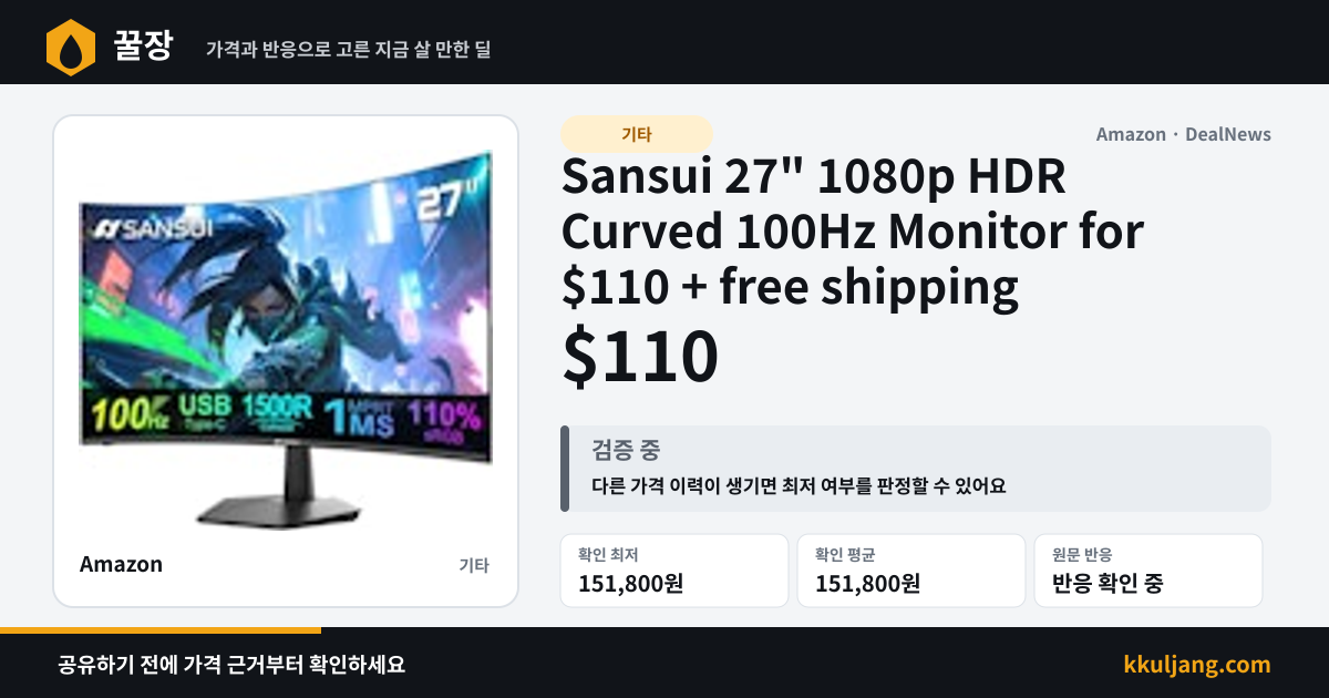 Sansui 27" 1080p HDR Curved 100Hz Monitor for $110 + free shipping 상품 이미지
