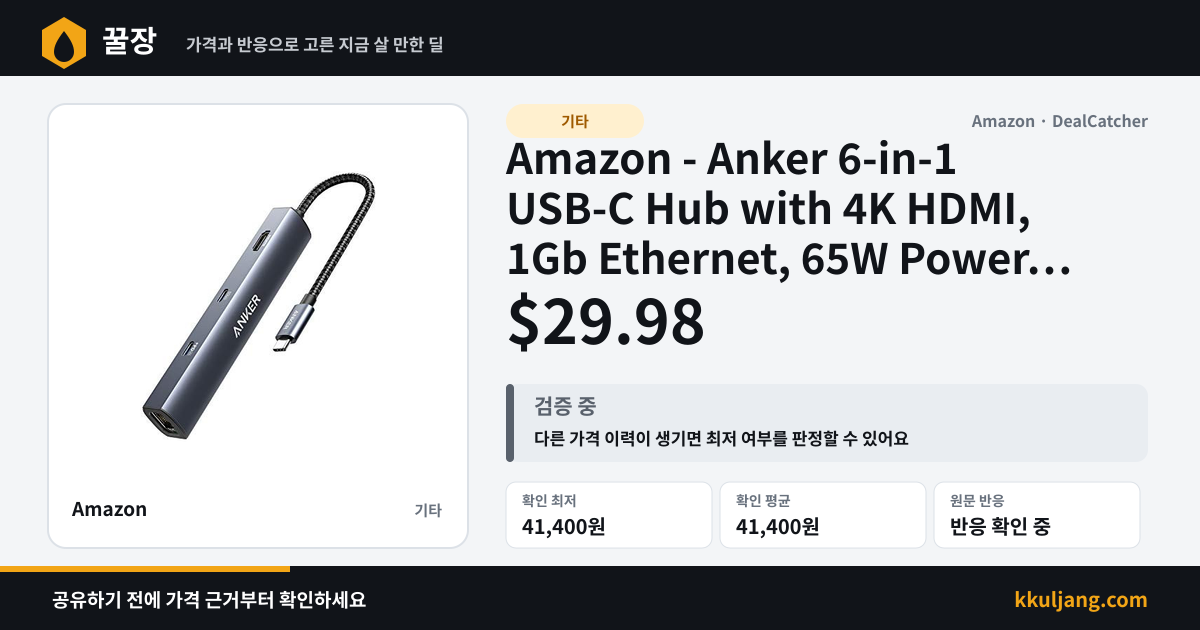 Amazon - Anker 6-in-1 USB-C Hub with 4K HDMI, 1Gb Ethernet, 65W Power Delivery $29.98 상품 이미지