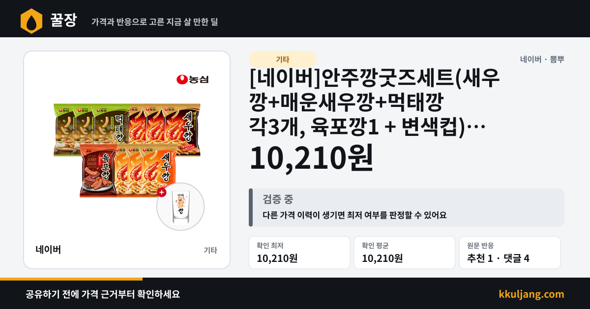 [네이버]안주깡굿즈세트(새우깡+매운새우깡+먹태깡 각3개, 육포깡1 + 변색컵) 외 (10,210원/무료배송) 상품 이미지