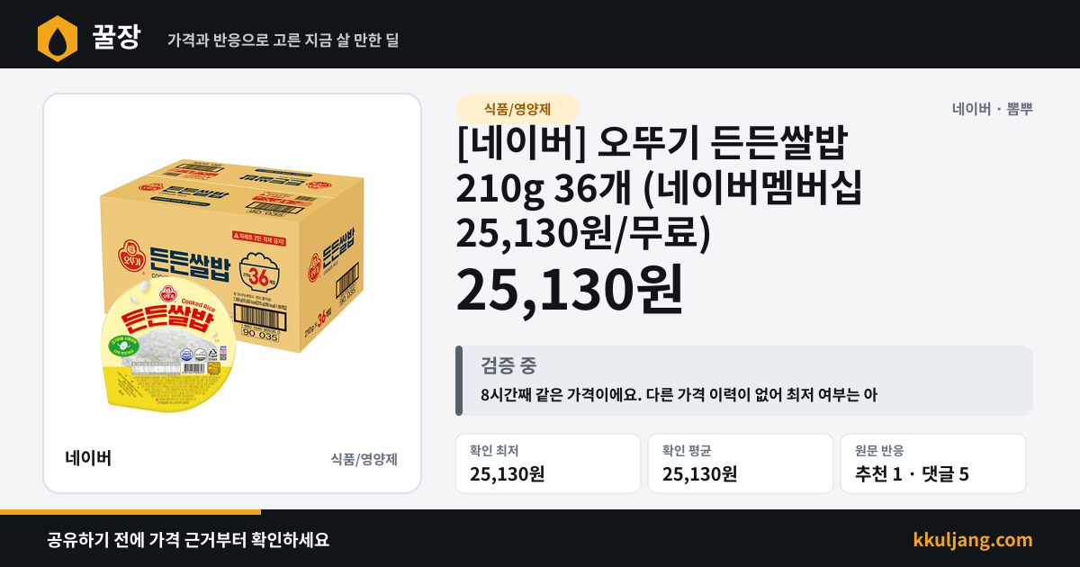 [네이버] 오뚜기 든든쌀밥 210g 36개 (네이버멤버십 25,130원/무료) 상품 이미지
